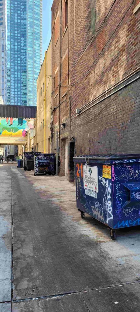 Callejón del centro de Toronto, Canadá, en el que se ven contenedores para echar la basura