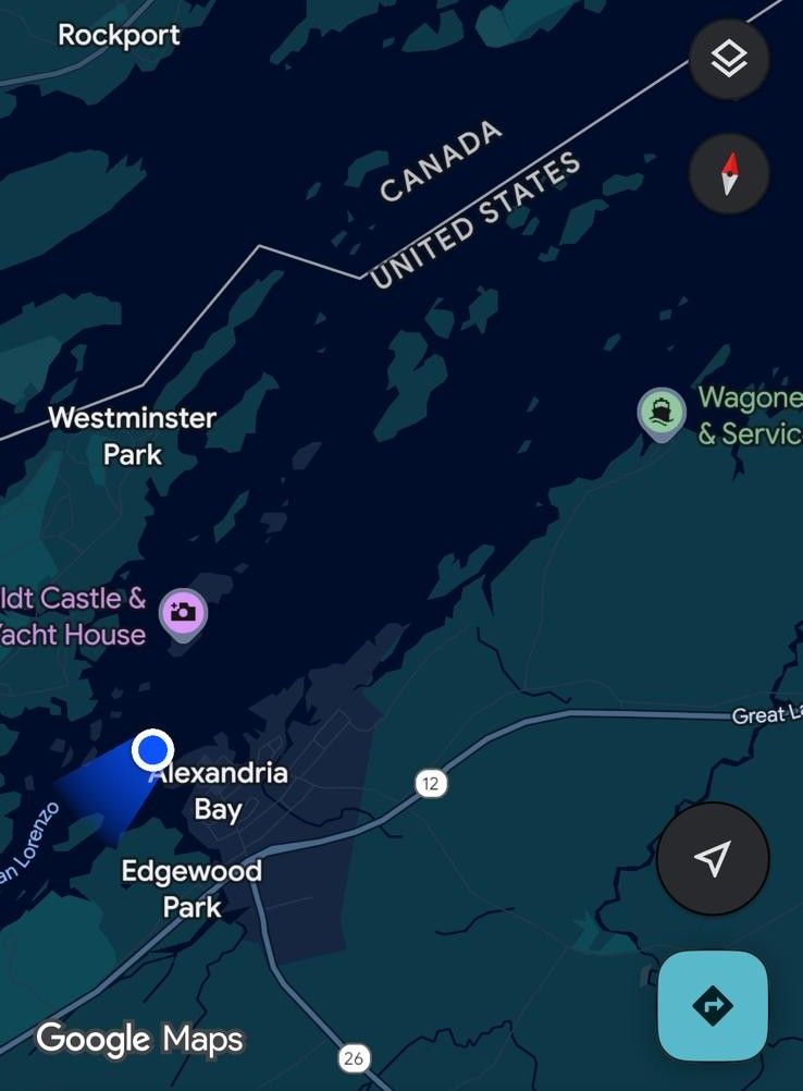 Captura de pantalla a Google Maps con la posición de nuestro crucero por las Mil Islas, apreciándose que estábamos en territorio estadounidense