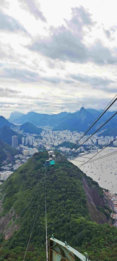 Vista del teleférico y de la ciudad de Río de Janeiro desde el Pan de Azúcar