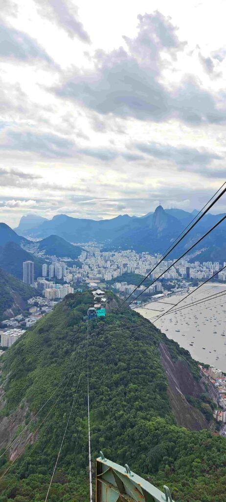 Vista del teleférico y de la ciudad de Río de Janeiro desde el Pan de Azúcar