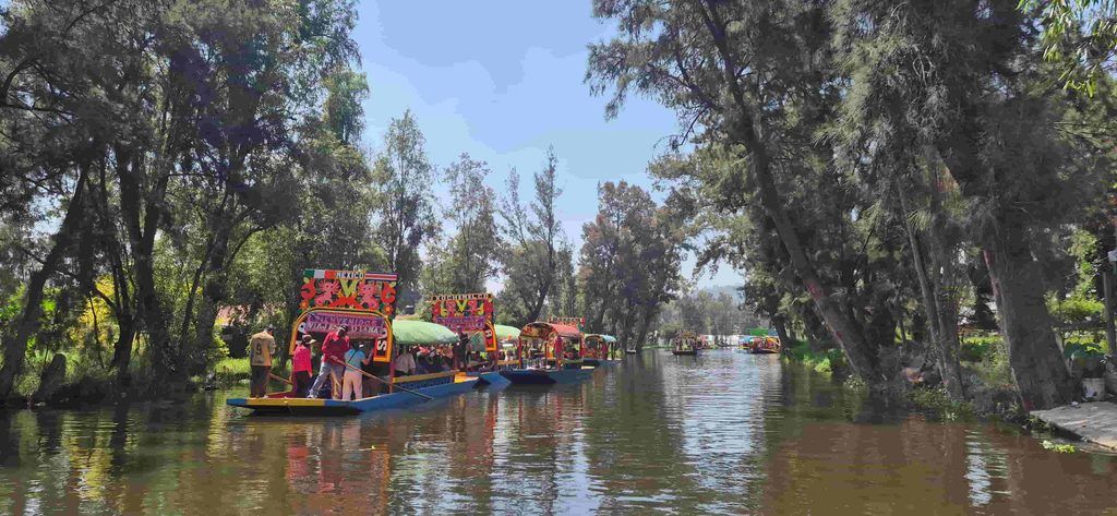 Trajineras navegando por los canales de Xochimilco, en Ciudad de México